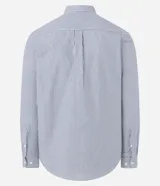 Camisa de vestir de hombre, corte regular, confeccionada en tejido Oxford rayado en tonos azul y blanco. Cuenta con cuello abotonado, manga larga con puños abotonados y cierre frontal con botones.