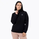 Buzo polar de mujer con cuello alto y cierre frontal parcial con botones a presión. Presenta un diseño de manga larga con puños elásticos y un parche con logo en el pecho.