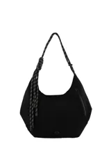 Cartera tipo hobo de Las Oreiro en color marrón, confeccionada en material tipo gamuza. Presenta una correa de hombro estilo soga trenzada con nudos decorativos y un bolsillo lateral con cierre. Incluye un pequeño aplique metálico con forma de labios en la parte inferior frontal.