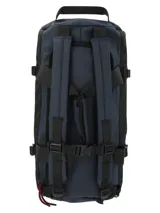 Bolso de viaje tipo duffel marca RKF, color azul navy, confeccionado en poliéster reciclado resistente al agua. Cuenta con compartimento principal con cierre impermeable, asas de mano reforzadas, correas ajustables y detalles en color negro.