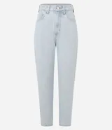 Pantalón mom fit de denim celeste claro con efecto delavé, tiro alto y bolsillos funcionales.