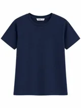 Remera básica de manga corta y cuello redondo, de corte recto y color gris melange.