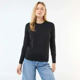 Sweater de punto ligero color negro, con cuello redondo, manga larga y detalle de botones metálicos en los puños.