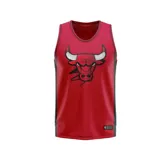 Musculosa de básquet roja con cuello y sisas en gris. Estampado frontal con el logo del equipo Chicago Bulls.