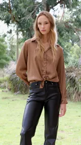 Pantalón de cuerina color beige, de corte recto y tiro alto, con detalle de costuras verticales en el frente.