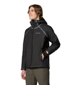 Campera impermeable Columbia modelo Reign No Shine Jkt Outdry, de color negro con capucha ajustable y cierre frontal con cremallera. Presenta un acabado mate, costuras selladas visibles en contraste gris y tecnología OutDry Extreme para mayor protección contra la lluvia.
