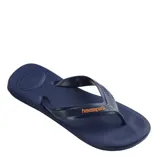 Chancletas de hombre Havaianas modelo Top Max Comfort, color azul marino con tiras anchas y el logo de la marca en color naranja.