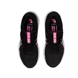Championes de running Asics modelo Gel-Contend 7, color negro con detalles en blanco y rosa. Presentan tecnología AmpliFoam en la entresuela para mayor amortiguación y malla transpirable en la parte superior.