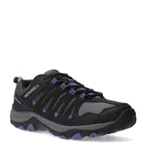 Championes de trekking Merrell modelo Crosslander 3, color negro con detalles en púrpura y gris. Presentan una estructura robusta con malla transpirable y refuerzos sintéticos, ideales para actividades al aire libre.