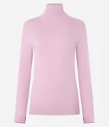 Blusa de punto color rosa claro, con cuello alto y mangas largas.