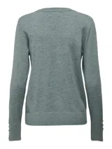 Suéter de punto fino color verde grisáceo (Abyss Melange) con cuello redondo y manga larga con botones en los puños.