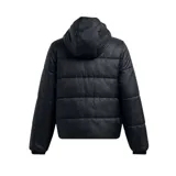 Campera puffer negra Under Armour, con capucha y cierre frontal completo. Presenta diseño acolchado horizontal, bolsillos laterales con cierre y el logo de la marca estampado en el pecho en color blanco.