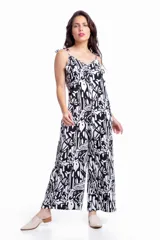 Mono largo de fibrana con estampado de cebra en blanco y negro, sin mangas y con escote en V.