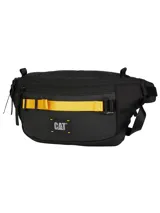 Riñonera Cat modelo Utility X, color negro con detalle de cinta horizontal en color amarillo. Cuenta con compartimento principal y bolsillos con cierre, parche con logo de la marca y hebilla de liberación rápida.