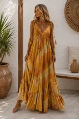 Vestido largo amarillo con estampado tipo tie-dye y patrones geométricos en tonos mostaza y marrones, con escote en V, tirantes finos regulables con borlas y falda amplia de corte escalonado.