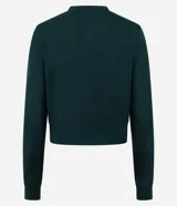 Cardigan negro de punto con escote redondo, mangas largas y cierre delantero con botones dorados.