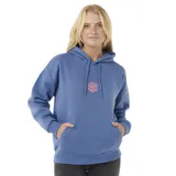 Canguro azul con capucha, cordones ajustables y bolsillo tipo canguro. Estampado pequeño en el pecho con el logo de Rip Curl y diseño de sol en color rosa.