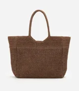 Bolso de playa marrón de Bossa Nossa, confeccionado en papel trenzado con formato rectangular, asas de hombro y detalle metálico dorado con logo en el frente.