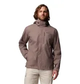Campera impermeable Columbia modelo Hikebound II, color gris, con capucha ajustable y cierre frontal. Presenta el logo de la marca bordado en el pecho.