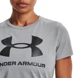 Remera Under Armour de mujer color rojo, de corte clásico y manga corta. Presenta el logo de la marca estampado en el pecho con diseño de animal print.