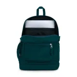 Mochila JanSport de poliéster color verde oscuro, con un compartimento principal, bolsillo frontal con cierre, bolsillo lateral para botella de agua y sobre interno acolchado para laptop de 15 pulgadas.