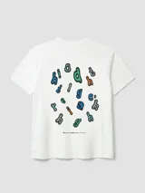 Camiseta lila de algodón orgánico, con corte oversize y estampado gráfico colorido en la espalda.