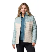 Campera técnica Columbia modelo Powder Pass con tecnología Omni-Shield resistente al agua y aislamiento térmico Thermarator. Presenta un diseño de bloques de color en tonos celeste y beige, con cierre frontal completo, cuello alto con protección para la barbilla y bolsillos laterales con cremallera.
