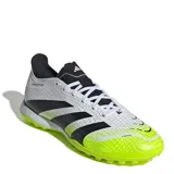 Championes de fútbol Adidas Predator League TF para hombre, color blanco con estampado de piel de serpiente, detalles en negro y suela verde flúor.