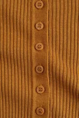 Remera de manga larga color marrón óxido, de tejido acanalado y corte entallado, con cuello redondo y tapeta de botones frontales.