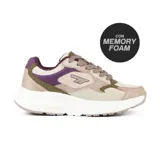 Championes Hi-Tec Dallas, con capellada en tonos beige, lila y verde oliva, con detalles en mesh y logo de la marca en el lateral. Suela blanca con tecnología memory foam.