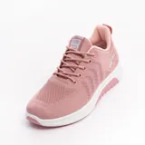 Zapatillas deportivas de mujer color rosa con capellada de malla, cordones y suela blanca.