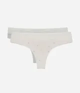 Kit de dos bombachas tipo bikini con cintura de encaje. Una prenda presenta un estampado floral delicado sobre fondo blanco, mientras que la otra es de color gris liso. Ambas cuentan con forro interno de algodón.