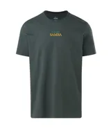 Remera de algodón color verde oscuro, con cuello redondo y bordado frontal con la palabra 'SAMBA' en color amarillo y cinco estrellas pequeñas en color verde.
