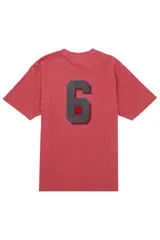 Remera de manga corta color rojo con efecto lavado, cuello redondo y estampa frontal con el logo de la marca en tipografía estilo graffiti con textura flocada.