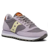 Championes Saucony Jazz Original de dama, color lila y gris con detalles en amarillo y suela blanca.