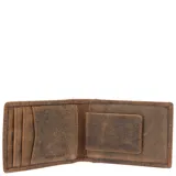 Billetera de cuero natural con acabado rústico, diseño plegable con clip magnético para billetes y ranuras para tarjetas. Incluye tecnología de protección RFID y forro interior de poliéster reciclado.