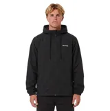 Campera negra con capucha y cierre frontal, de manga larga con puños elásticos y bolsillos laterales. Presenta el logo de la marca en verde flúor en el pecho.