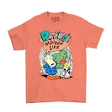 Remera de algodón color salmón con estampado frontal de los personajes de la serie animada Rocko's Modern Life.