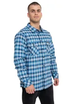 Camisa de manga larga a cuadros azules y blancos, con dos bolsillos en el pecho con cierre de botón, puños ajustables con botón, ranura para lápiz en el bolsillo y paño de microfibra oculto en el dobladillo delantero.