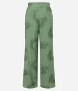 Pantalón wide leg verde con estampado de hojas, de cintura alta con elástico y bordado de follaje.