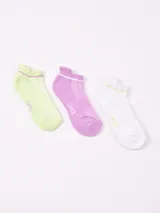 Pack de tres pares de soquetes tobilleros en colores rosa, blanco y naranja, con detalle de una línea horizontal en el borde superior.