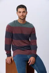 Remera de manga larga con diseño de rayas horizontales anchas en tonos verde, bordó y azul marino. Presenta cuello redondo, puños elásticos y una pequeña estampa sutil en el pecho, además de un detalle de aplique en la manga.