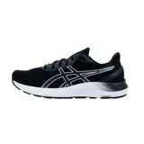 Championes de running Asics modelo Gel Excite 8, color negro con detalles en blanco. Presentan tecnología AmpliFoam en la entresuela para mayor amortiguación y diseño de malla transpirable en la parte superior.