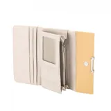 Billetera de cuero sintético color amarillo pastel, con cierre de broche imantado y logo metálico plateado. Interior con tarjetero, compartimentos para billetes y bolsillo con cierre.