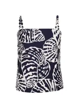 Top sin mangas con estampado de conchas marinas en tonos azul marino y blanco.