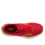 Championes de running Saucony Endorphin Speed 3, color rojo con detalles en amarillo y blanco.