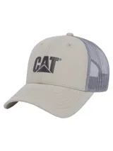 Gorra tipo trucker con frente de lona beige y parte trasera de malla gris. Presenta el logo de Caterpillar bordado en el frente y visera curva.