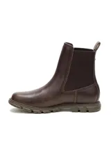 Bota tipo Chelsea de cuero marrón con paneles elásticos laterales, logo de la marca grabado en el talón y suela de goma dentada.
