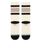 Medias Stance modelo Boyd Crew, color blanco con rayas horizontales negras y grises, talón y puntera negros, y logo de la marca en el tobillo.