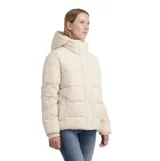 Campera puffer O'Neill color beige, con diseño acolchado, capucha forrada con interior de peluche, cierre frontal con botones a presión, bolsillos laterales y puños elastizados.